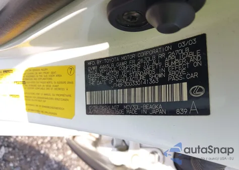 2003 Lexus Es 300 from USA, damaged, VIN JTHBF30G330141363